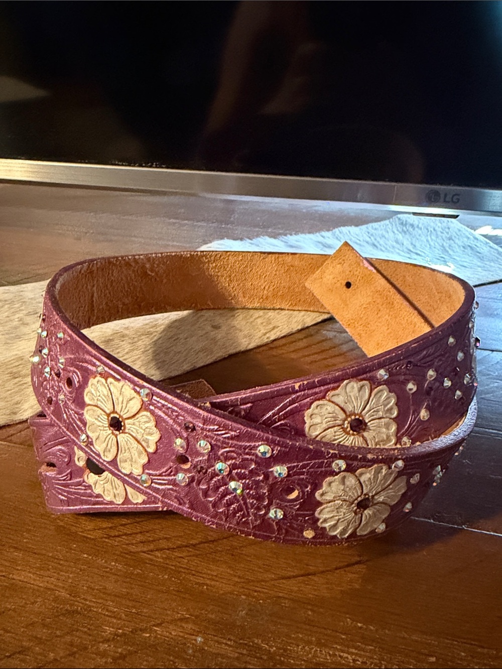 Embellished Floral Leather Waist Belt in Plum